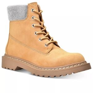 Riiver Lace-Up Lug Sole Combat Booties w Rhinestones